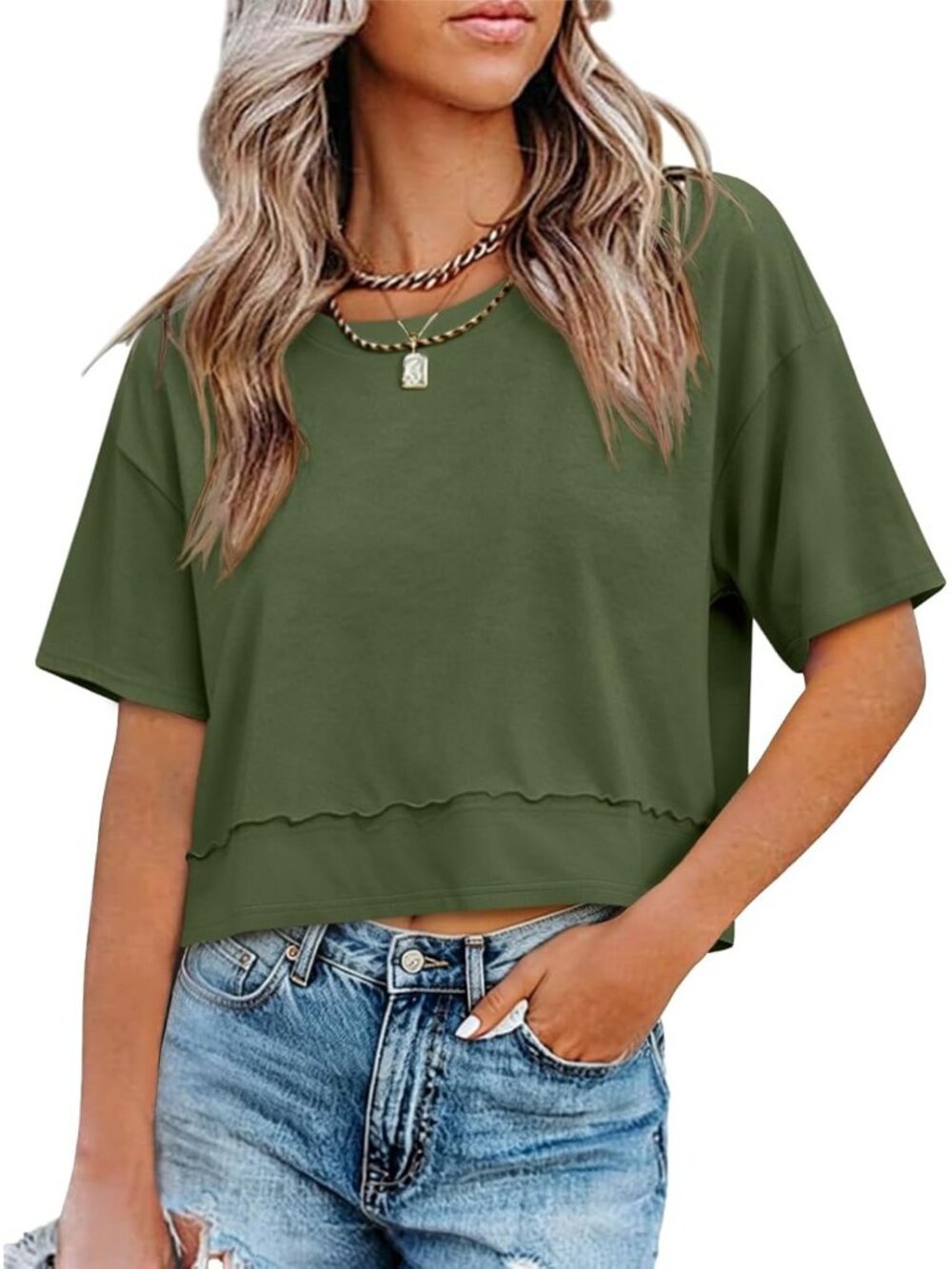 Women's Army Green Crew Neck Short Sleeve Cropped T Shirt Loose Fit Casual Top